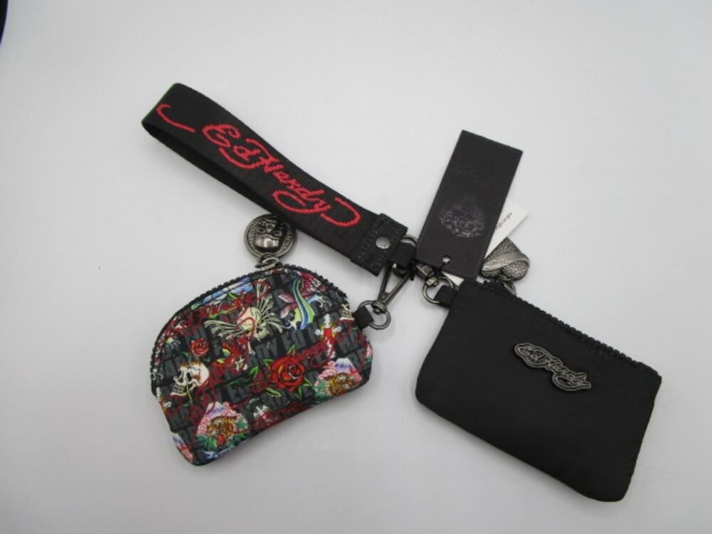 Ed Hardy Tiger Floral Print‎ Key Ring Zip Close Coin Purse Card Holder Black